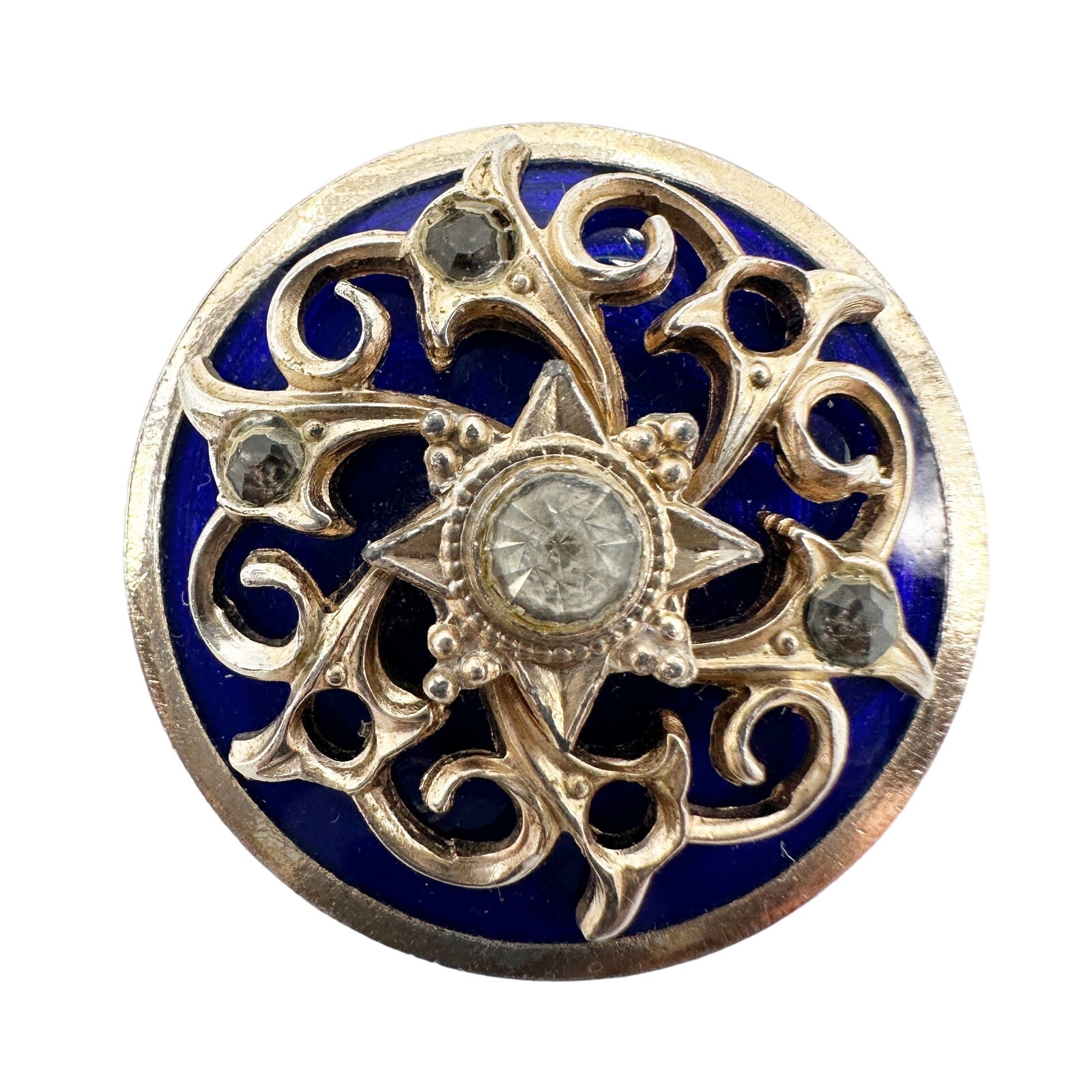 Vintage Blue Gold Brooch Round Jewelry Rhinestone Pin 20$
